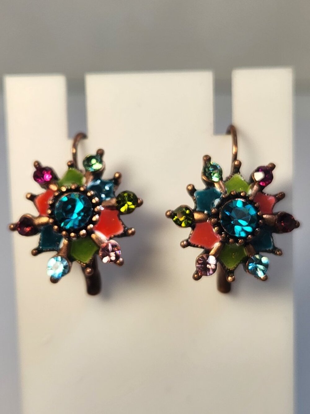 VTG VTG 1990's Anne Koplik Multicolor Enamel Crystal Floral Leverback Earrings